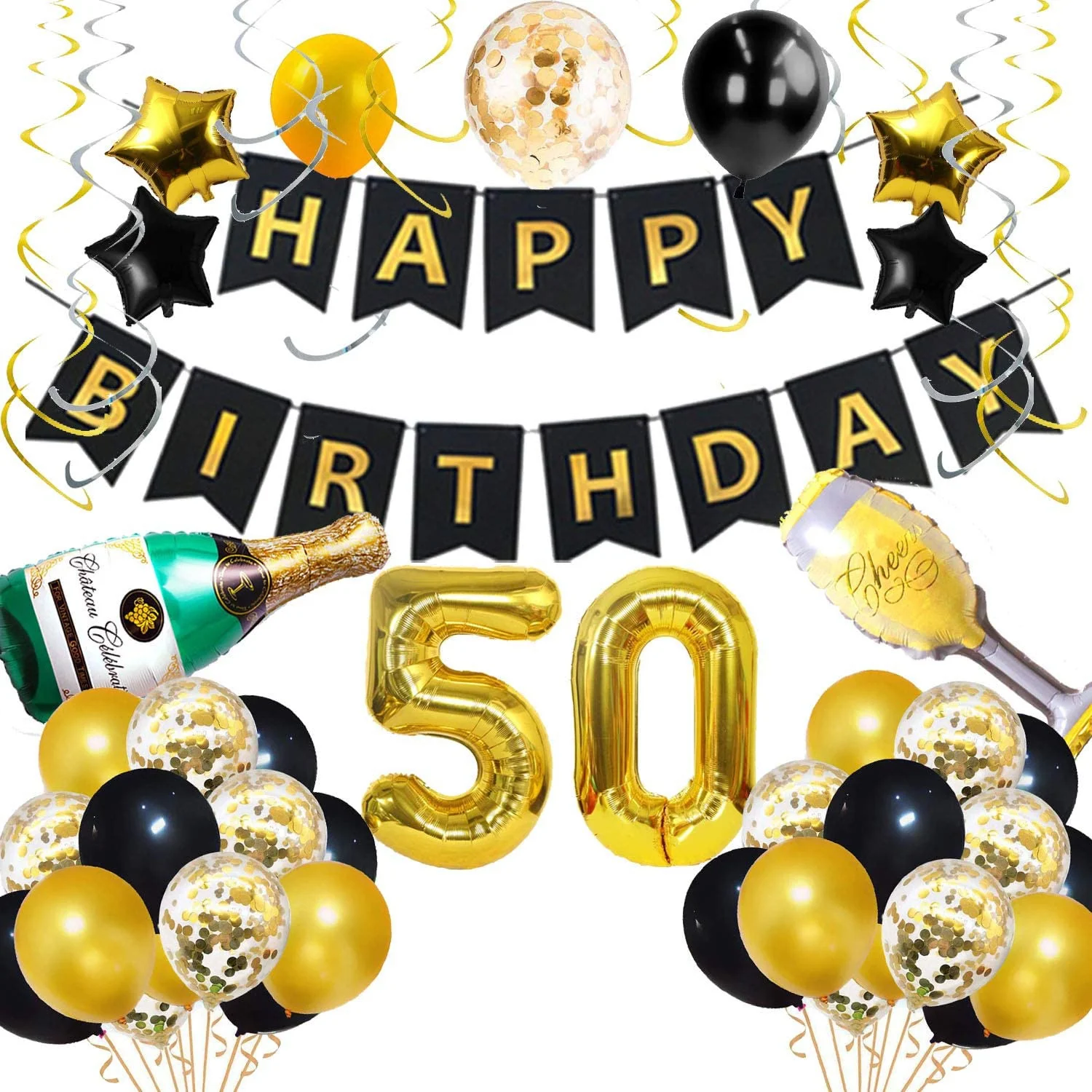 50 ปีตกแต่งแบนเนอร์หมายเลข 50 ชุดลูกโป่ง,สีดำทองแขวนหมุนปาร์ตี้ของชำร่วยของขวัญ,เชียร์ 50 ปี