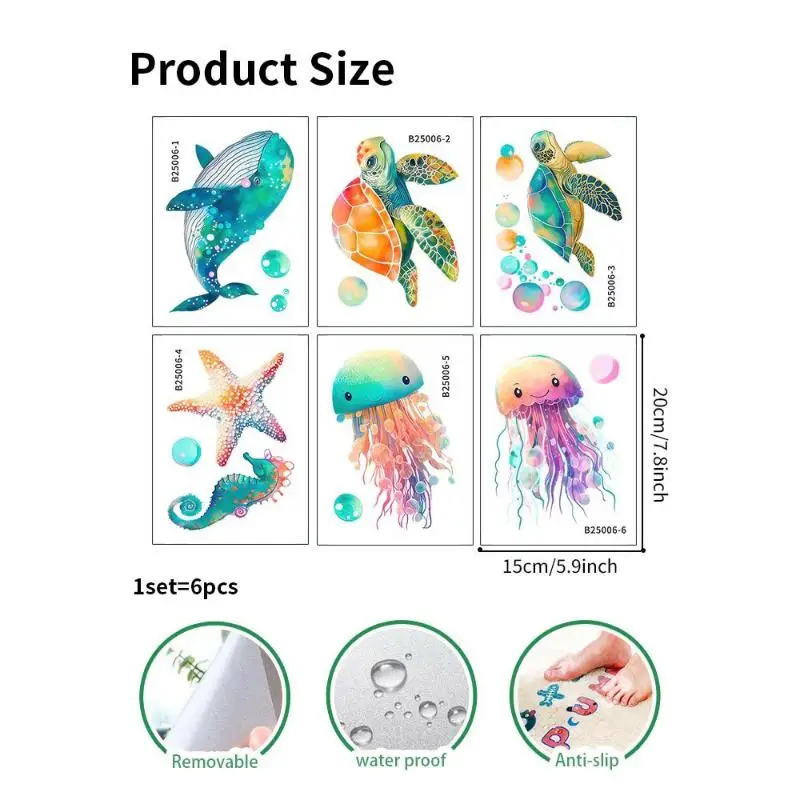 6pcs/Set Bathtub Decoration Anti-Slip Bathtub Stickers Cartoon Coral Crab Small Fish Pattern Stickers Bathroom PVC Frosted Bath
