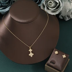 Women Fashion Tredny Sweet Copper Zircon Flower Deisgn Pendant Necklace Earring Set Party Wedding Jewelry Set Accessory