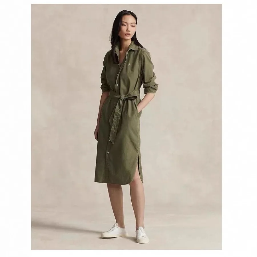 

【New style】RL embroidery pony early spring cotton lapel lace dress casual temperament oxford shirt dress