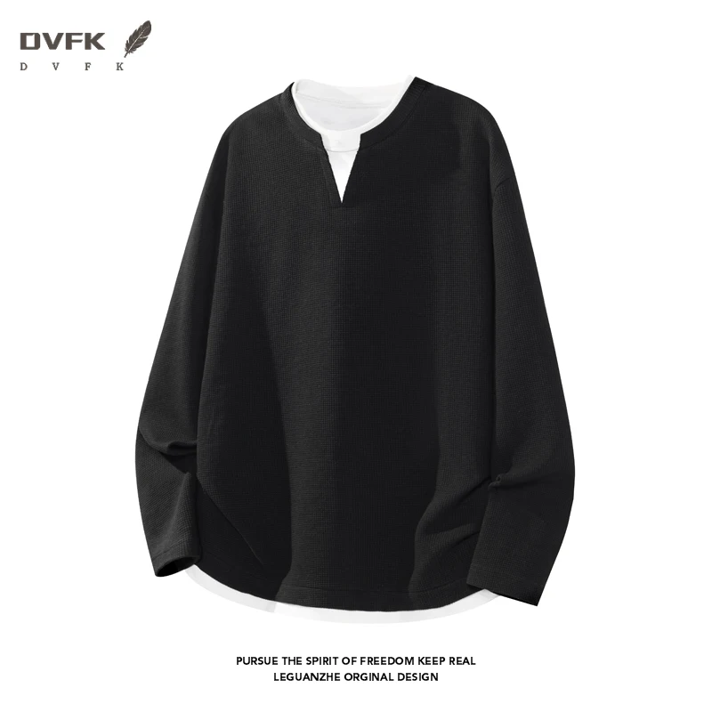 Men Fake Two Piece Long Sleeve Shirt Notch V Neck Waffle Knit Loose Fit Casual Daily Basic Top view 4