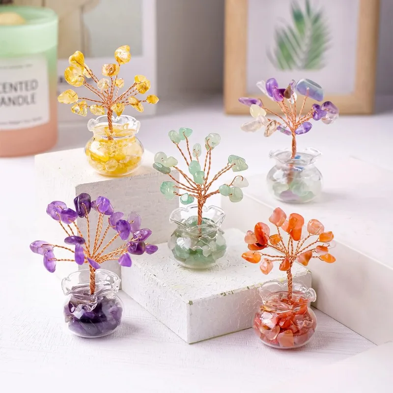 Arbre à Monnaie en Cristal Naturel, Mini Pot en Verre, Pierre Gemme Guérisseuse, Bonsaï Feng Shui, Arbre Porte-Bonheur, Énergie Reiki, Décoration Maison et Bureau, Cadeau Porte-Bonheur