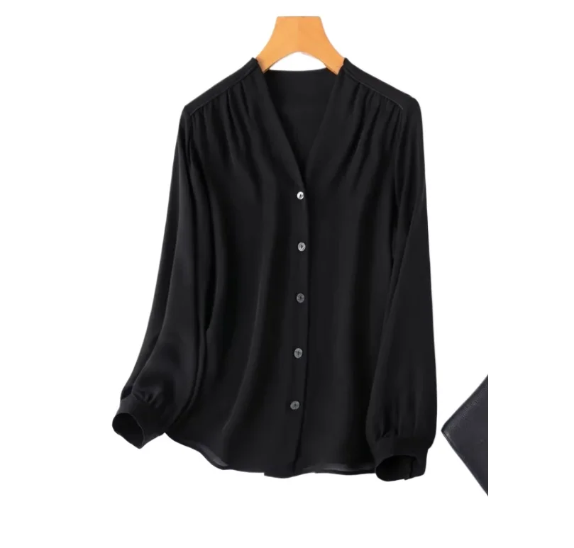 

TAJIYANE 100% Real Mulberry Silk Blouse Solid Color V-neck Shirts Women Spring Long Sleeve Tops for Woman Clothes 2026 рубашка