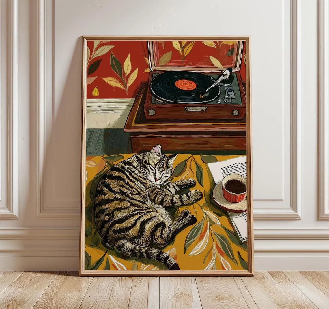 2026 Retro Cat with Coffee Wall Art, Vintage Record Player Print, Cozy Living Room Deco Bohemian Music Lover Poster Colorful Ho