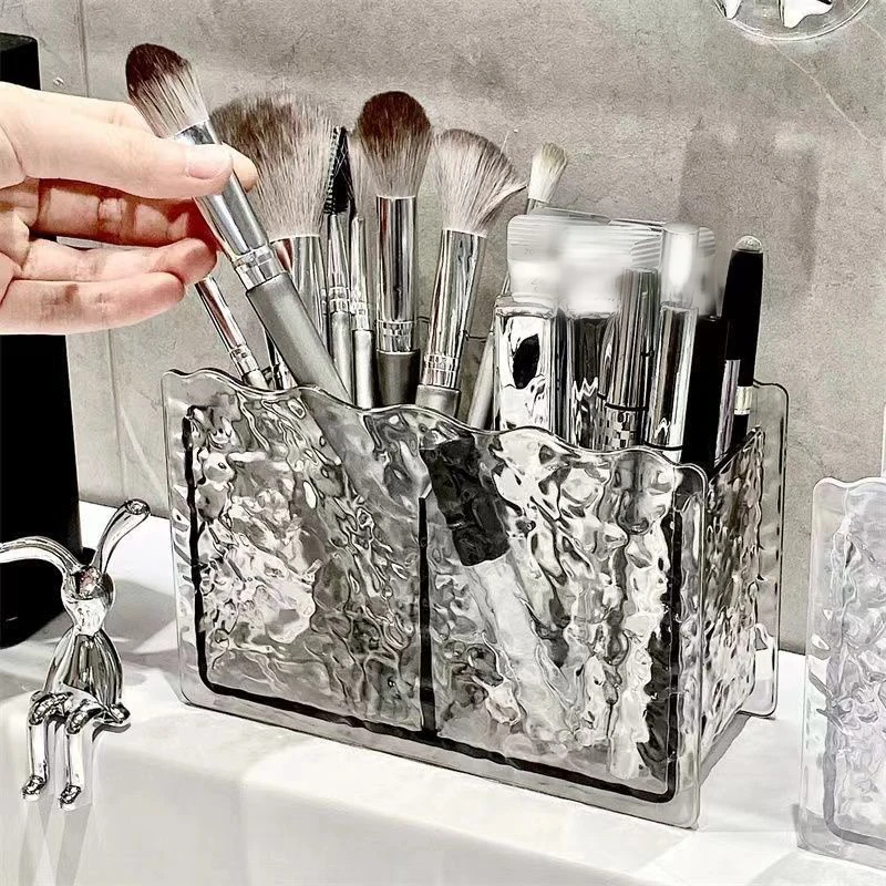 Light Luxury Water Ripple Makeup Brush Double Compartment Storage Box Makeup Desktop Cosmetics Organizer Box Pen Container