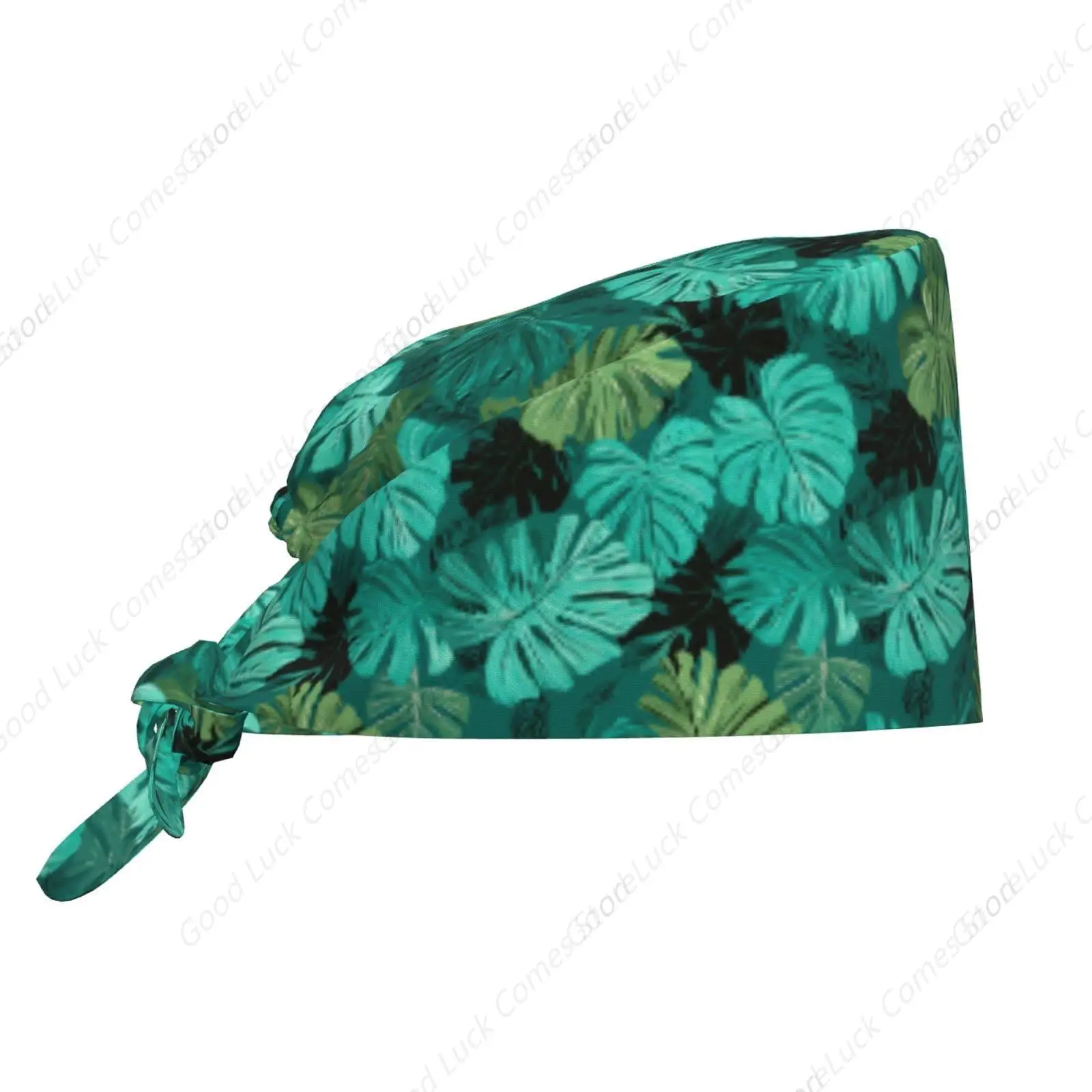Tropical Leaves Working Cap, Scrub Cap with Sweatband, Adjustable Tie Back Hat Breathable Headgear for Women/Men