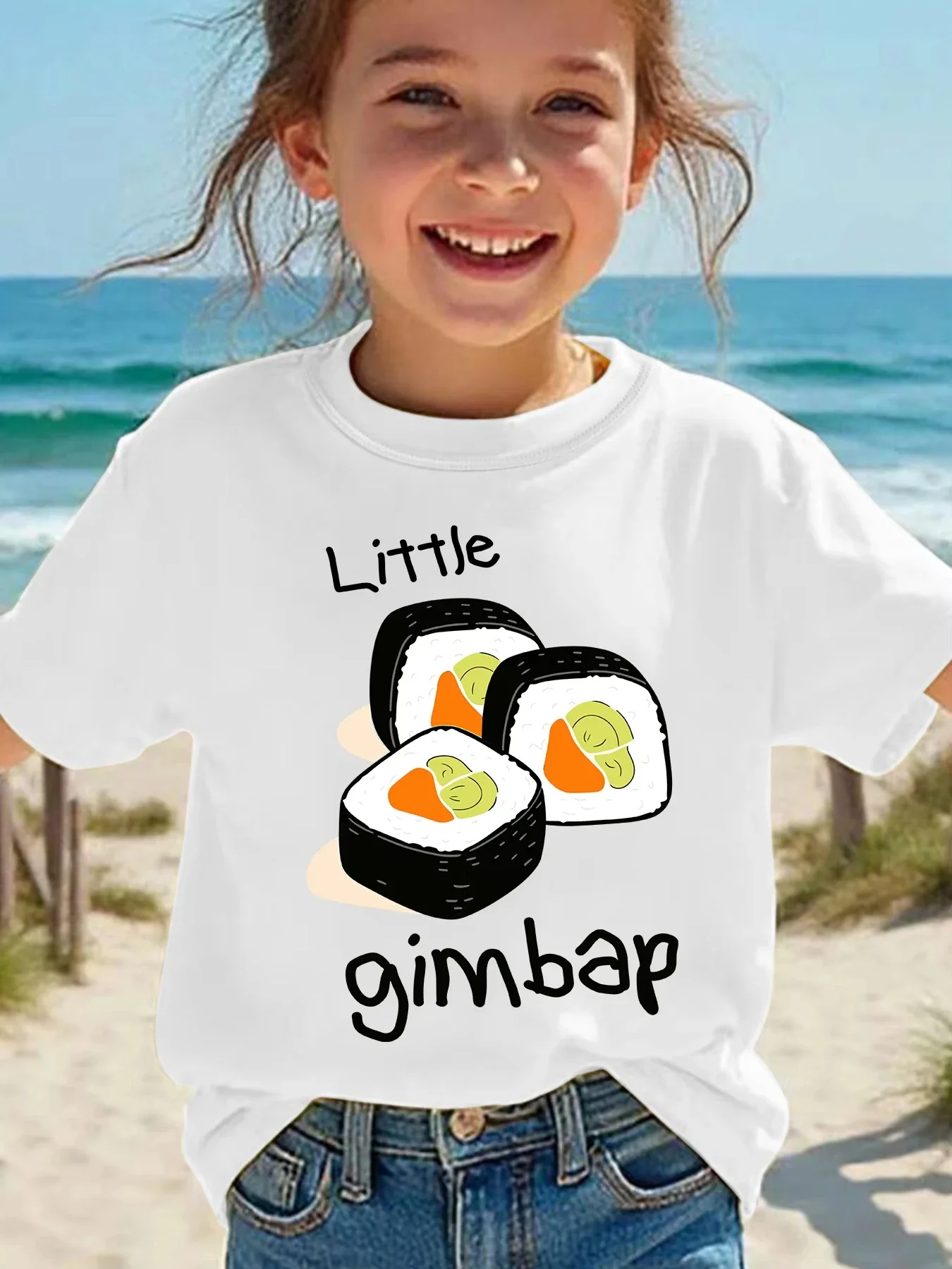 Kids Short Sleeve T Shirt Little Gimbap Cartoon Korean Rice Roll Graphic Print Crew Neck Summer Casual Children Fashion Top