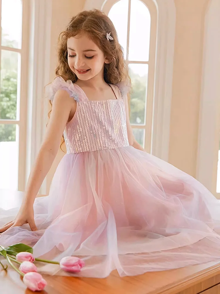 Baby Girls Summer Sleeveless Dresses Wedding Flower Girls Wear Pink Gauze Sequin 3T 14yrs Kids Clothing Kawaii Cute Child Dress