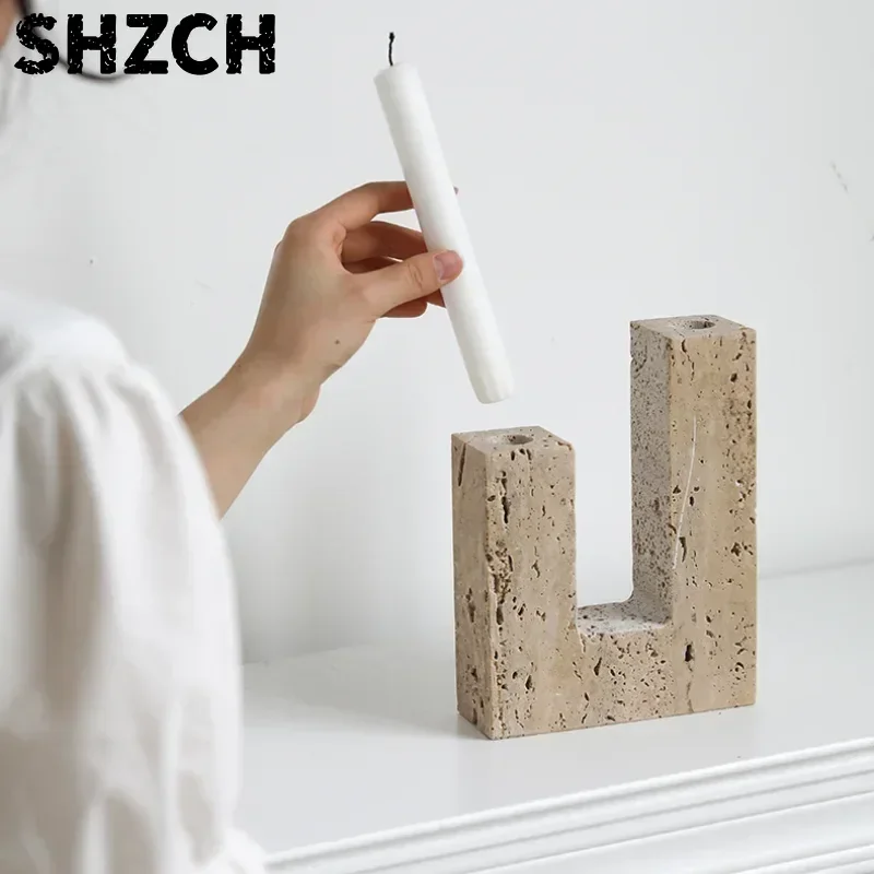 Marble Taper Candle Holder,Travertine Stone Candlestick Holder Medieval Home Ornament Decoration Livingroom Travertine Decor