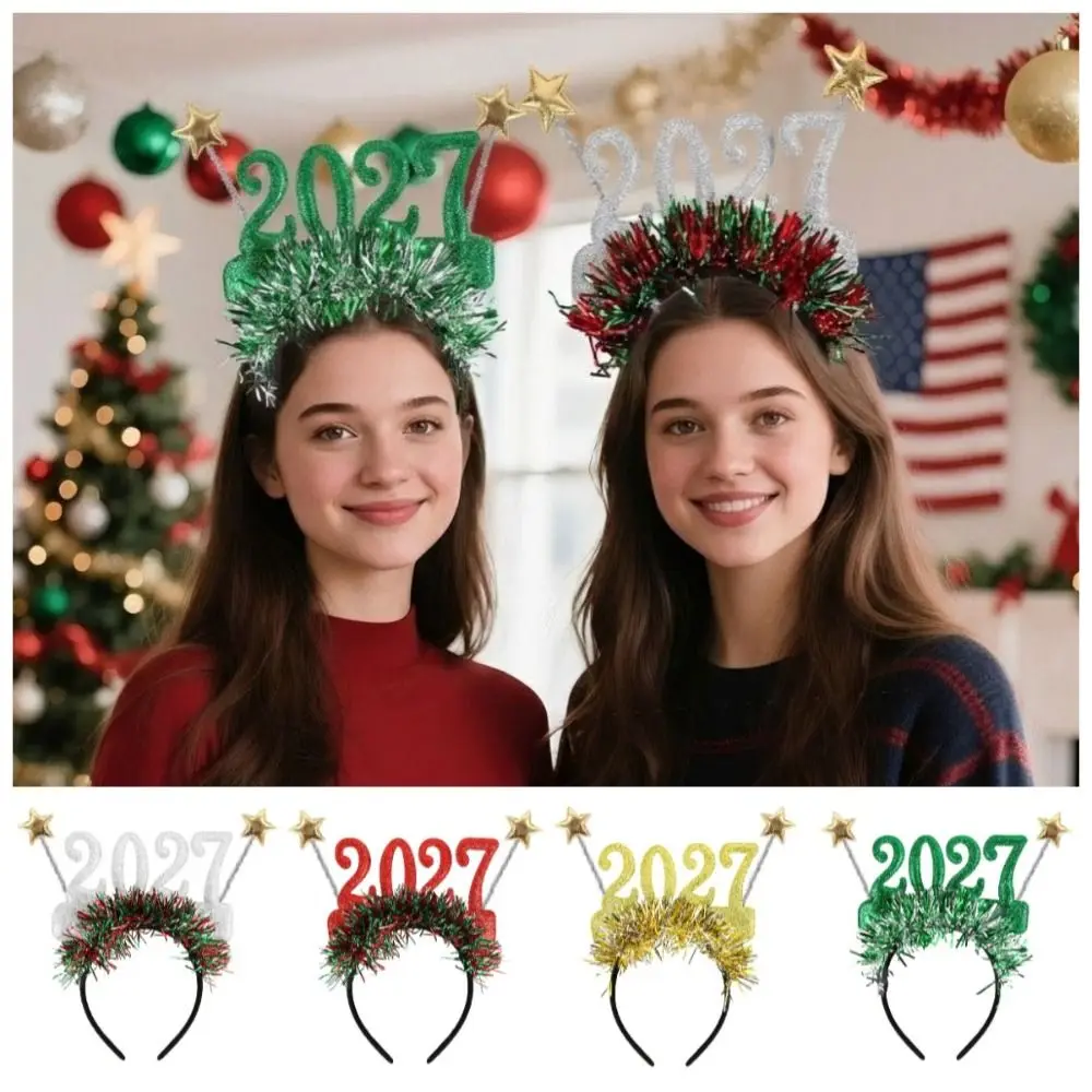 Sequin 2027 Happy New Year Headband Sweet Cute New Year Decorative Glasses Creative Photo Prop Glitter Hair Hoop Cosplay