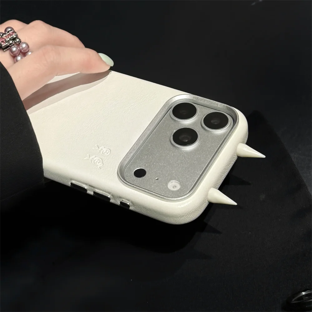 Cute 3D Devil Horn Leather Texture Phone Case For iPhone 15 16 17 Pro Max Little Stick Figure Minimalist Anti-drop Phone Cover