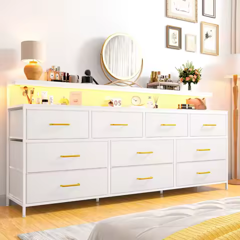 55" Wide Smart Dresser with LED Lights & Power Outlets – 10 Fabric-Drawer Storage & Metal Frame for Bedroom Organization