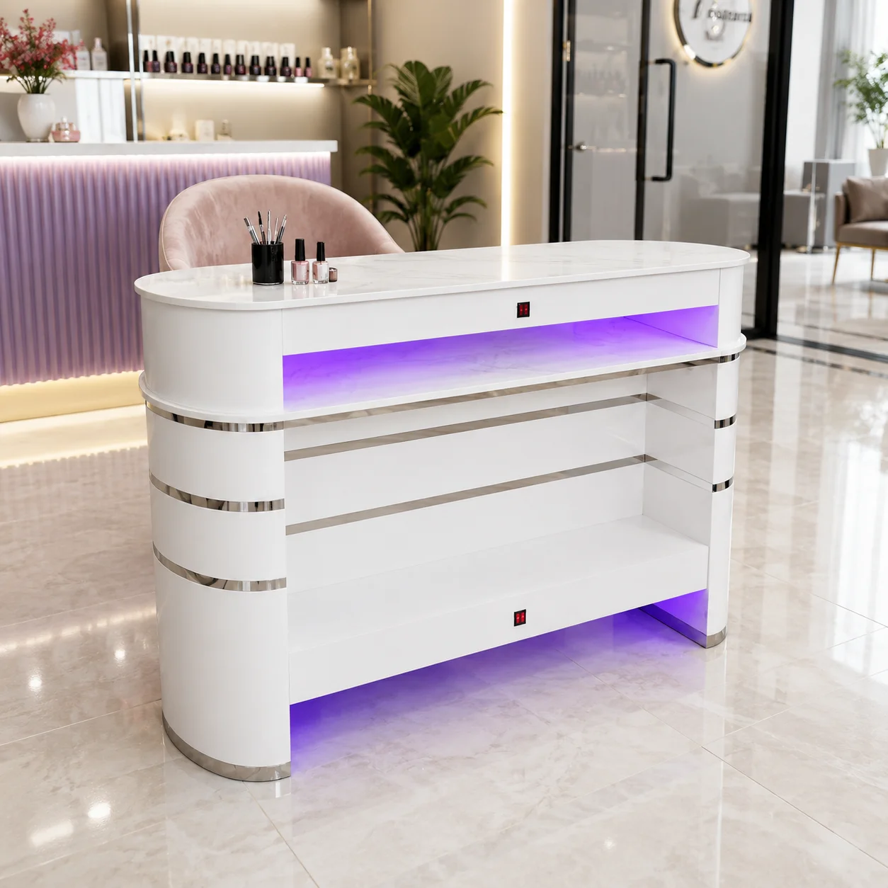 Nail Polish Drying Desk Double Layer Marble Surface 4 Built-in Fans 4 Lamps for Modern Commercial Nail Art Studio
