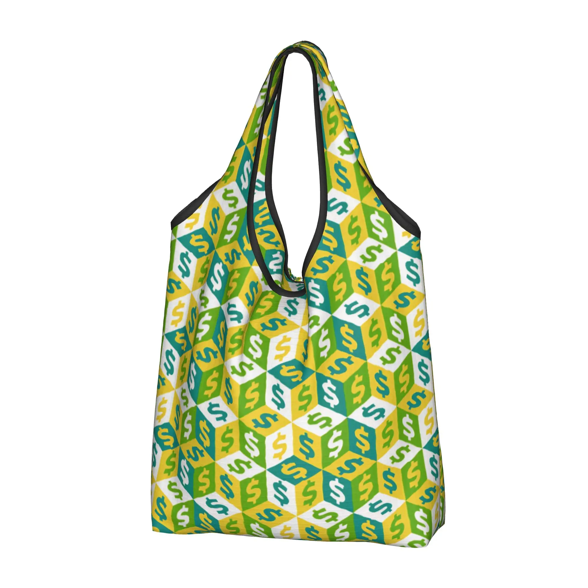 Kawaii Printing US 3D Cubes Geometric Dollar Sign Tote Shopping Bag Portable Shopper Shoulder  Handbag