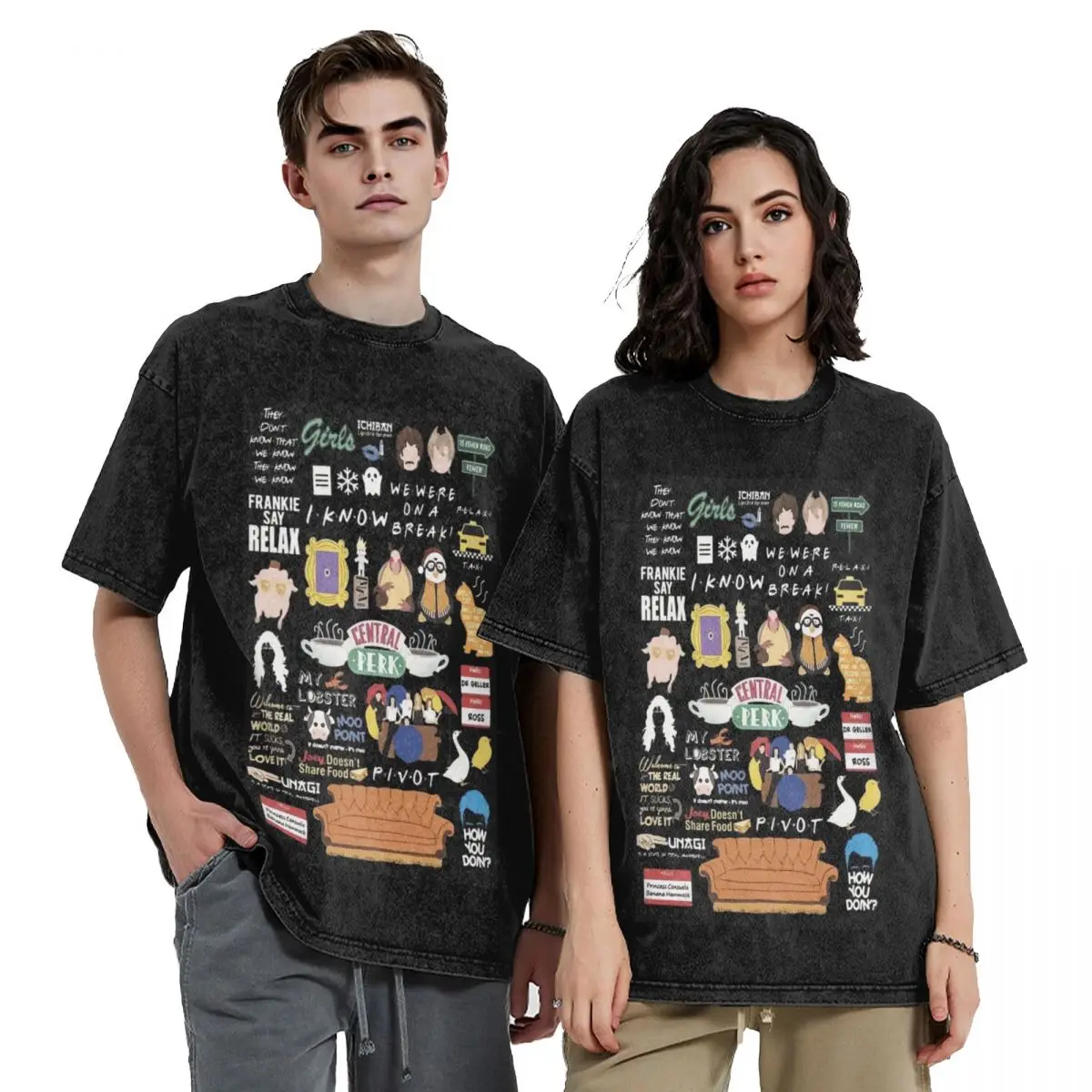 Unisex Funny Friends Collage Hip Hop Short Sleeve T-Shirts Washed Tops Tees Streetwear T Shirt Cotton for Men woman