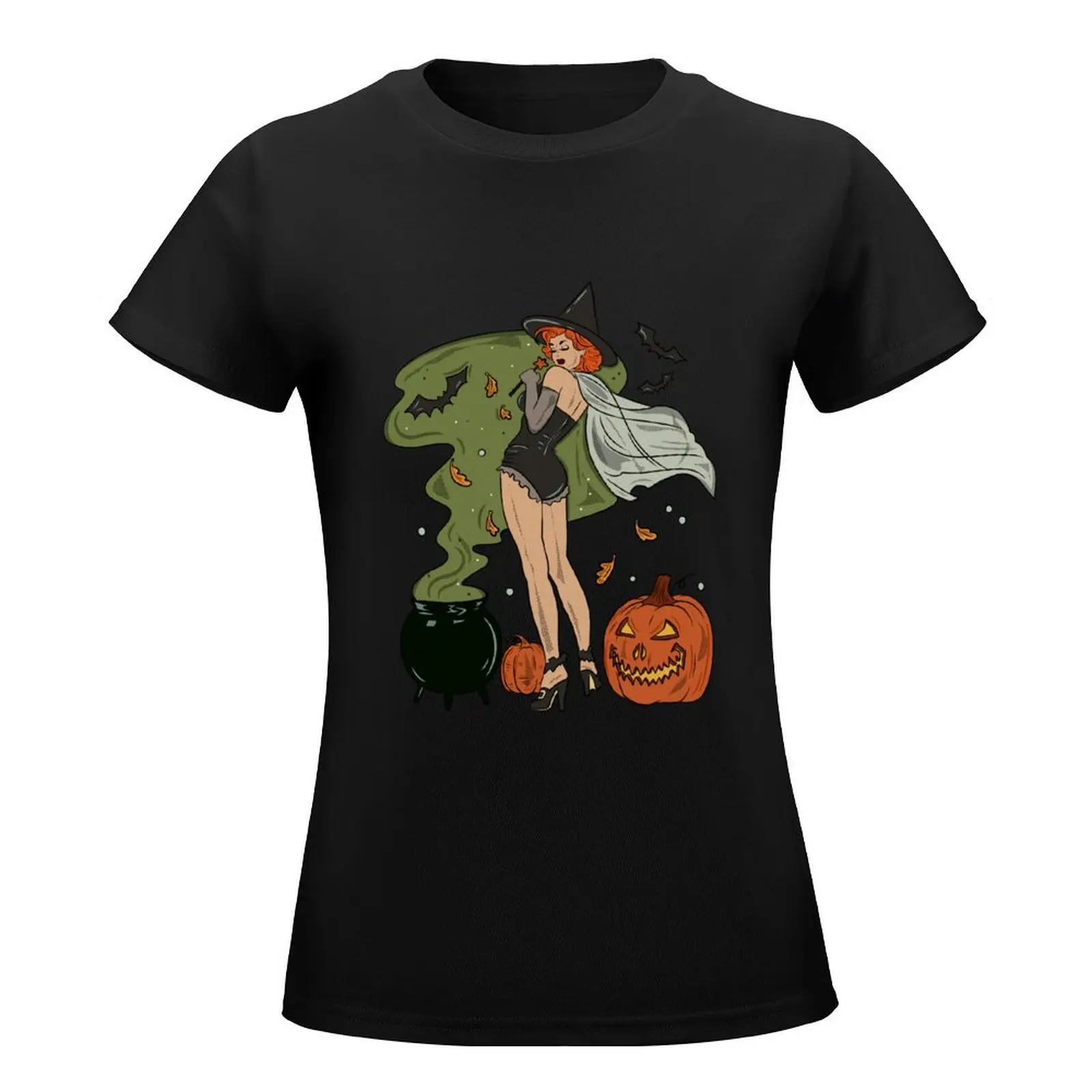 Vintage Pin-up Girl Witch Halloween T-Shirt customs design your own summer clothes tshirts for Women