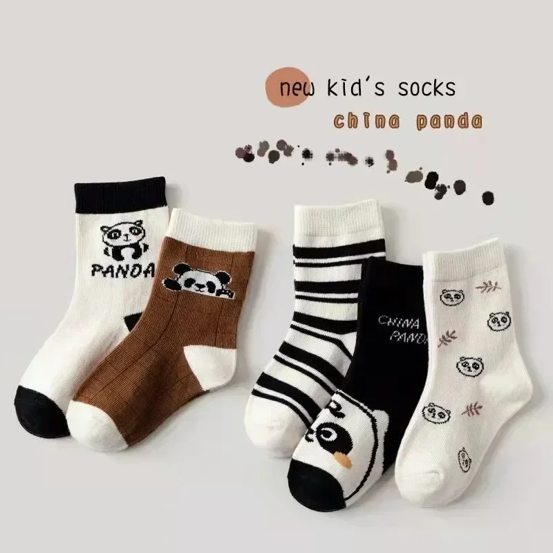 5 Pairs/lot Baby Boys Girls Cotton Socks Chinese Style Giant Cartoon Panda Patterned Knitted Socks Four Seasons Hosiery for Kids