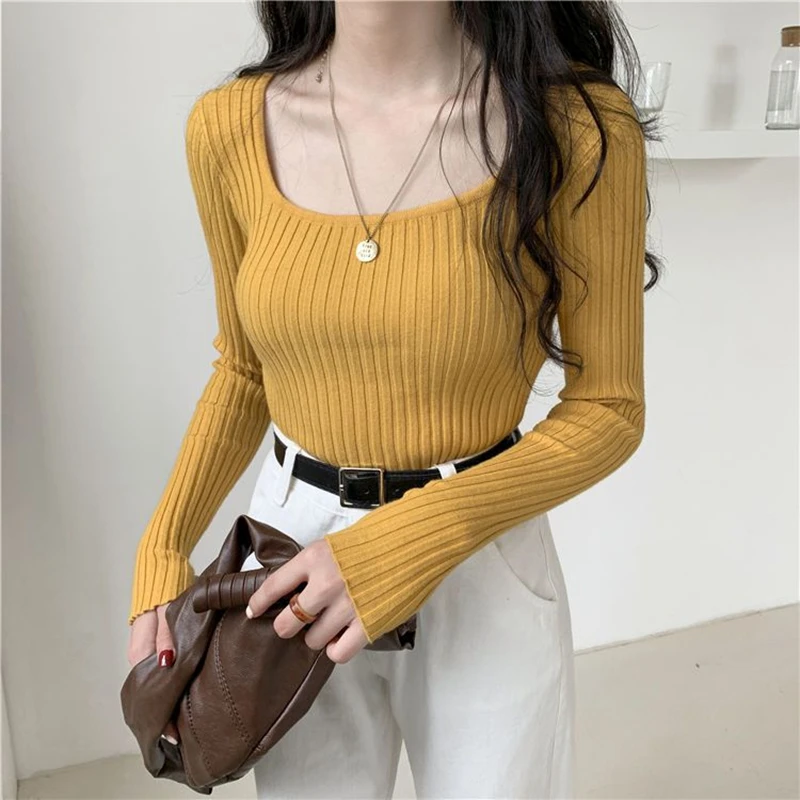Women Basics Solid Square Neck Pullovers Y2k Clothes Slim Casual Knitted Sweater Autumn Winter Long Sleeve Knitwear Layer Tops