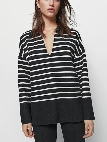 

New Autumn Winter V-Ne Naval Sle Casual irt Simple Commute Long Sve Striped Knitted Sweater for Women Straight Cut