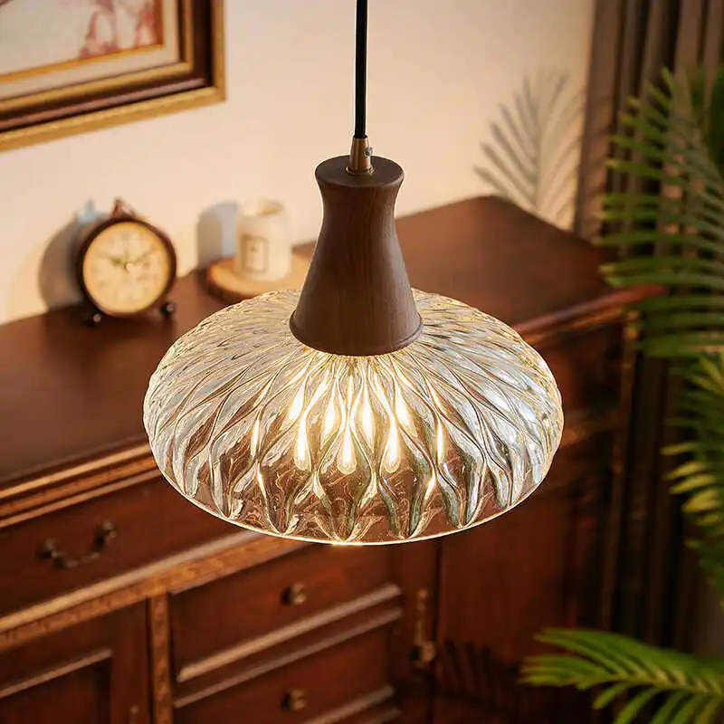 

Japanese Retro Brass & Glass Pendant - American Mid-Century Walnut Light for Multi-Space Dining & Bedside, Vintage Lighting