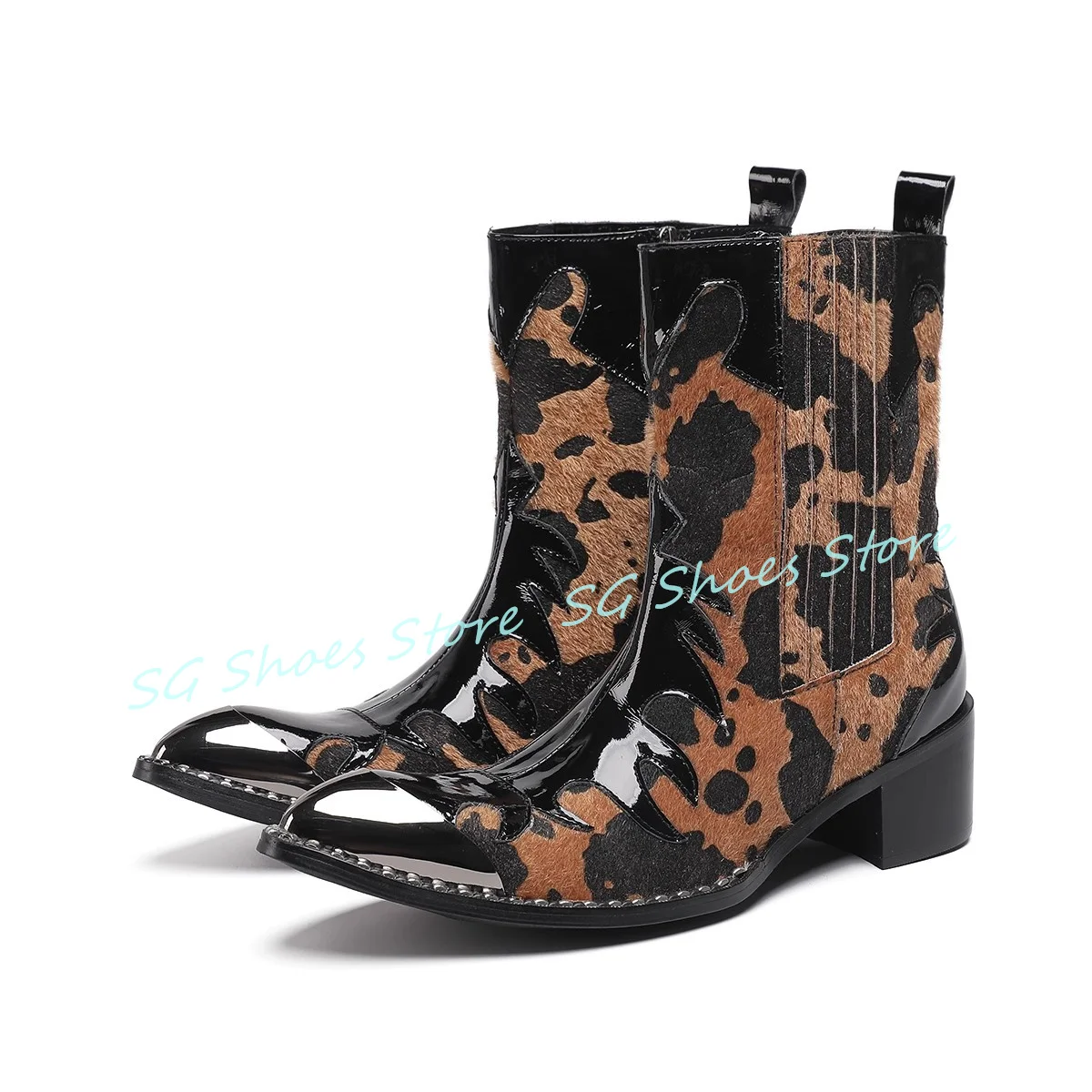

Male High Top Chunky Heel Chelsea Boots Leopard Prints Metal Pointed Toe Splicing Leather Boots for Men Business Dress Shoes