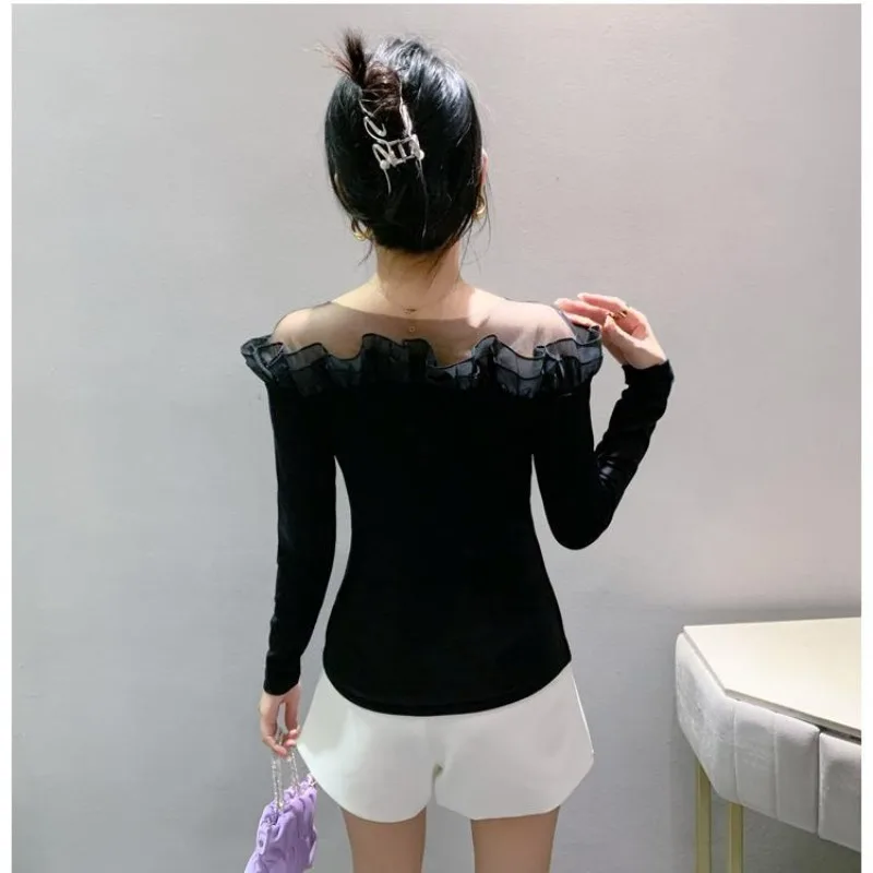 2024 Autumn Women\'s Original Design Sexy Off Shoulder Slash Neck New Slim Long Sleeve Beading Lace Fashion Pullover T-shirt Tops