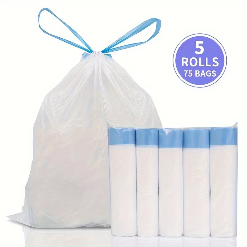 5 Rolls, Drawstring Garbage Bags, Disposable Garbage Bags 75 Count, Packed After The Product The Volume Of The Maximum Length Sh