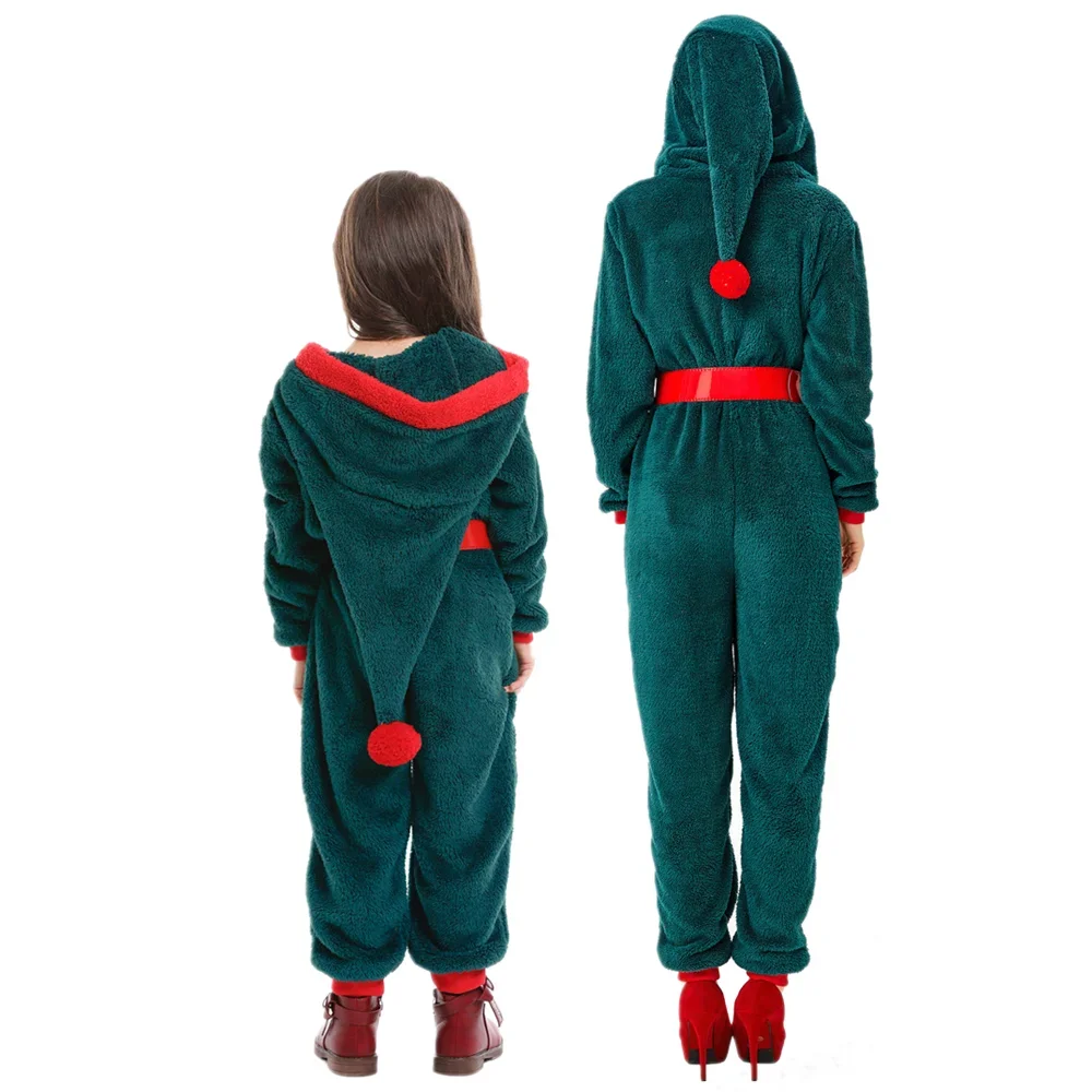 Christmas Elf Costume For Adult Child Cosplay Green Christmas Tree Dress Up Casual Home Daily Parent-Child  Hooded Jumpsuit