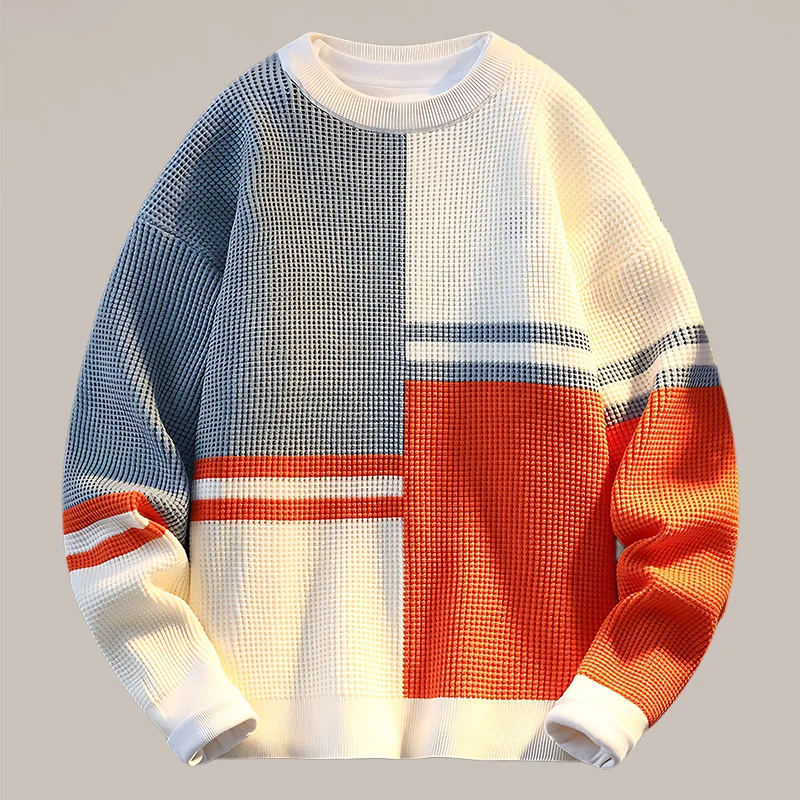 

Мужской утепленный вязаный свитер с контрастными вставками, молодежный зимний пуловер с длинным рукавом и круглым вырезом, модный шерстяной топ