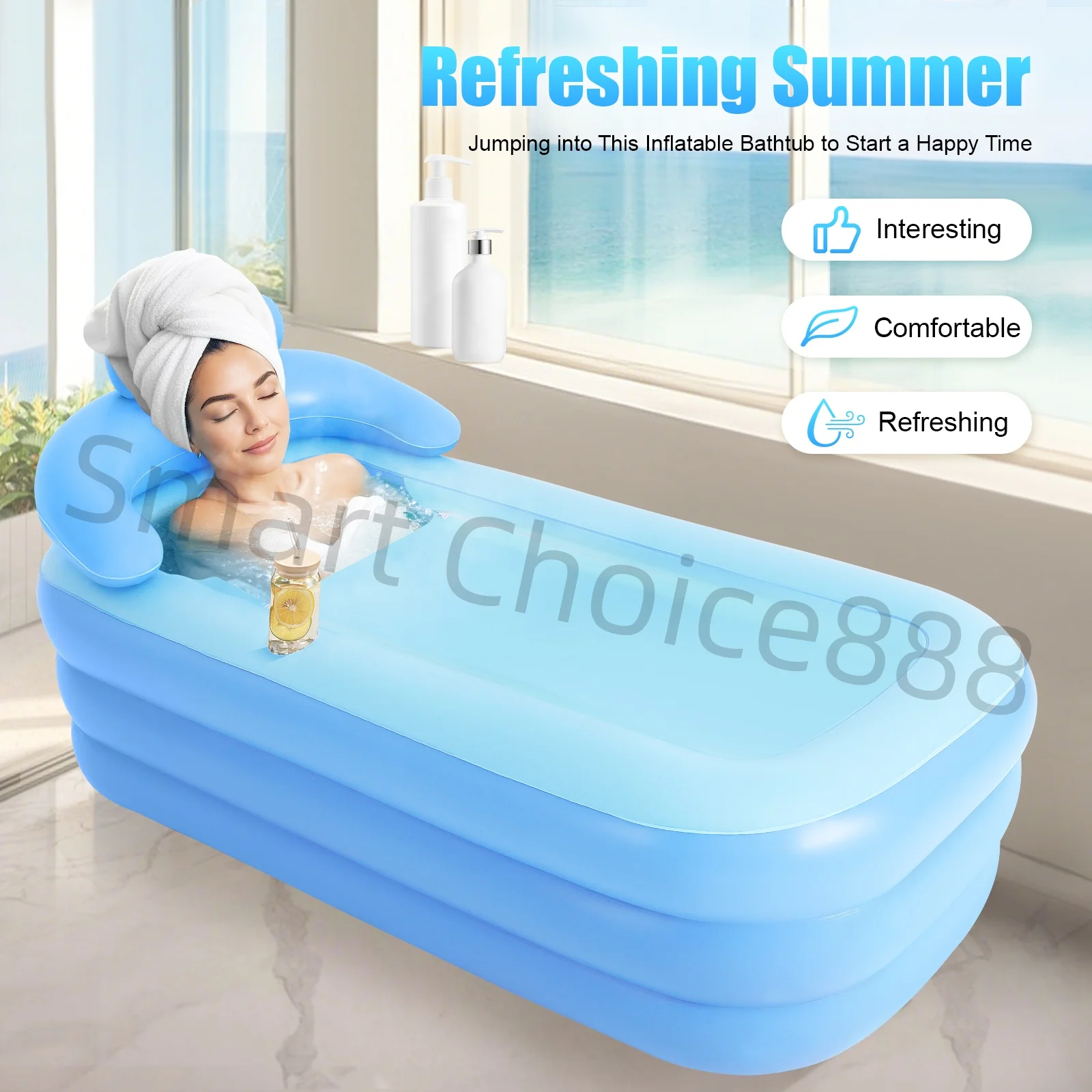 Bañera Inflable con Burbujas de Masaje, Plegable, de PVC, Unisex, para SPA, Azul, para Adultos, Ducha, Baño de Agua Fría y Caliente