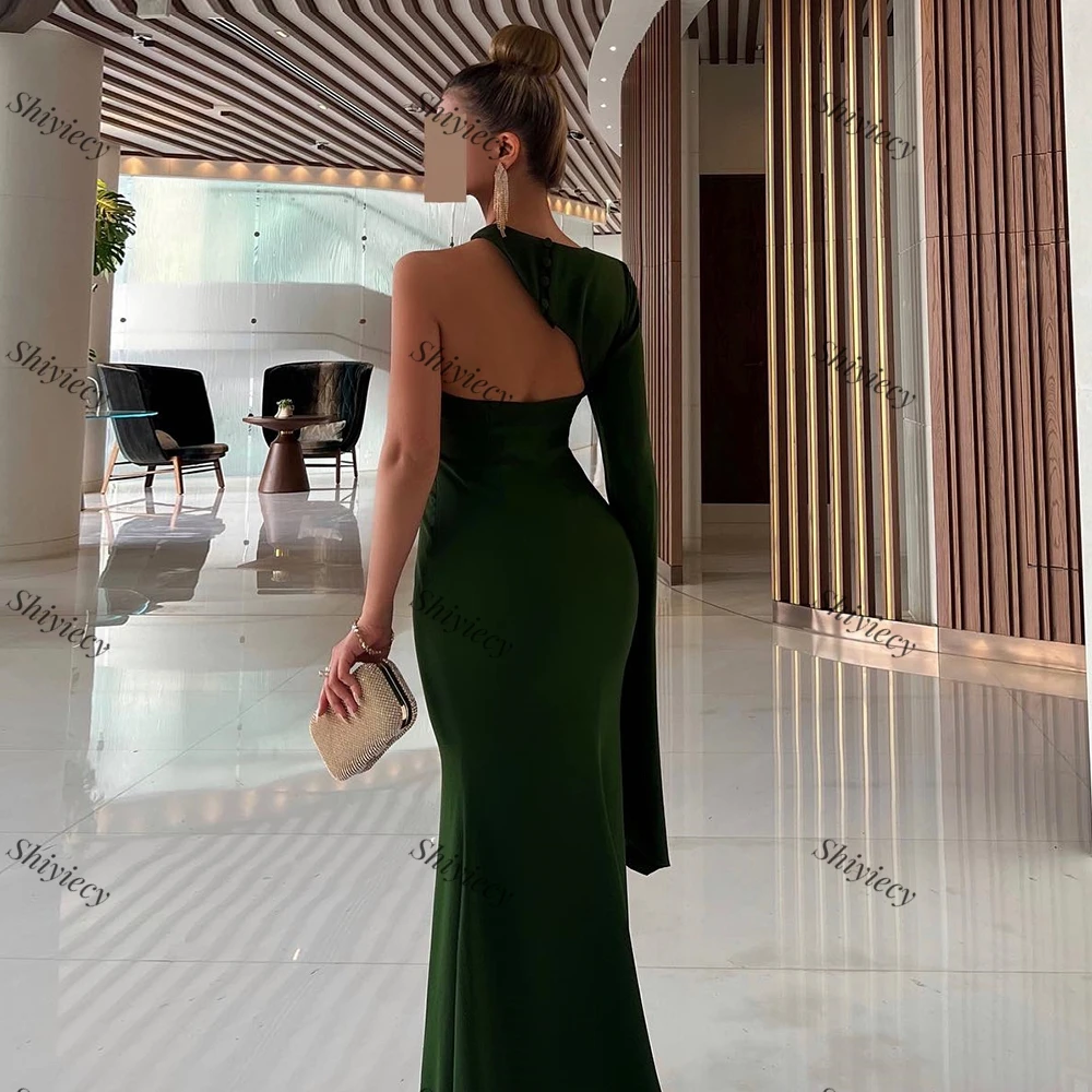 Fashion Mermaid Evening Dress Saudi Arabia Women One Shoulder Prom Dress Green Sweep Train Floor Length Special Occasions Dress