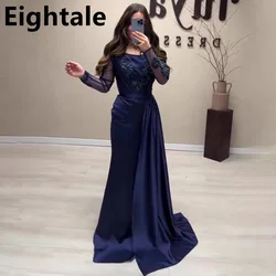 Customized Navy Blue Mermaid Evening Dress Long Sleeve Luxury Appliques Beads Floor Length Formal Prom Party Gown robe soirée