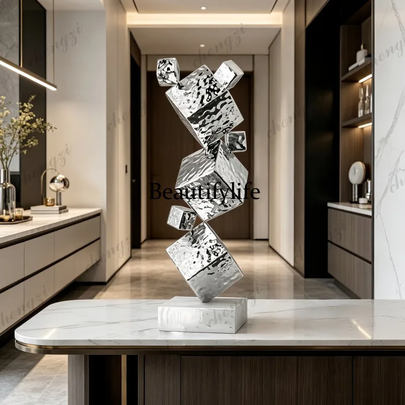 TTT Stainless Steel Water Ripple Cube Geometry Mirror Creative Model Decor for Hotel Office Porch Home Shop