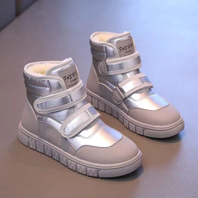 Kids'Snow Boots PU Leather Fashion Winter Flat Sports Boots For Children Anti-slip Warm Designer Silver Black Shoes Size 27-38