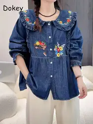 Women Flower Embroidery Blue Denim Kawaii Shirts Japanese Mori Girl Peter Pan Collar Long Sleeve Lolita Blouse Autumn Loose Tops