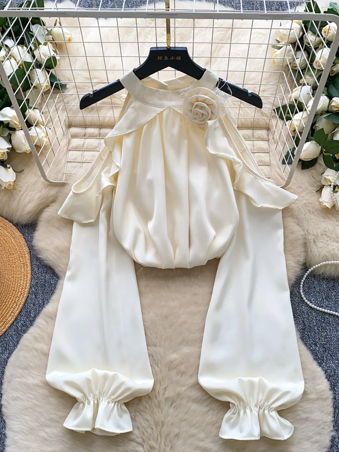 E Csa de Satén de Manga Larga para Mujer, Estilo Coreano, Hoada, con Hombros Descubiertos, Color Puro, con Botones