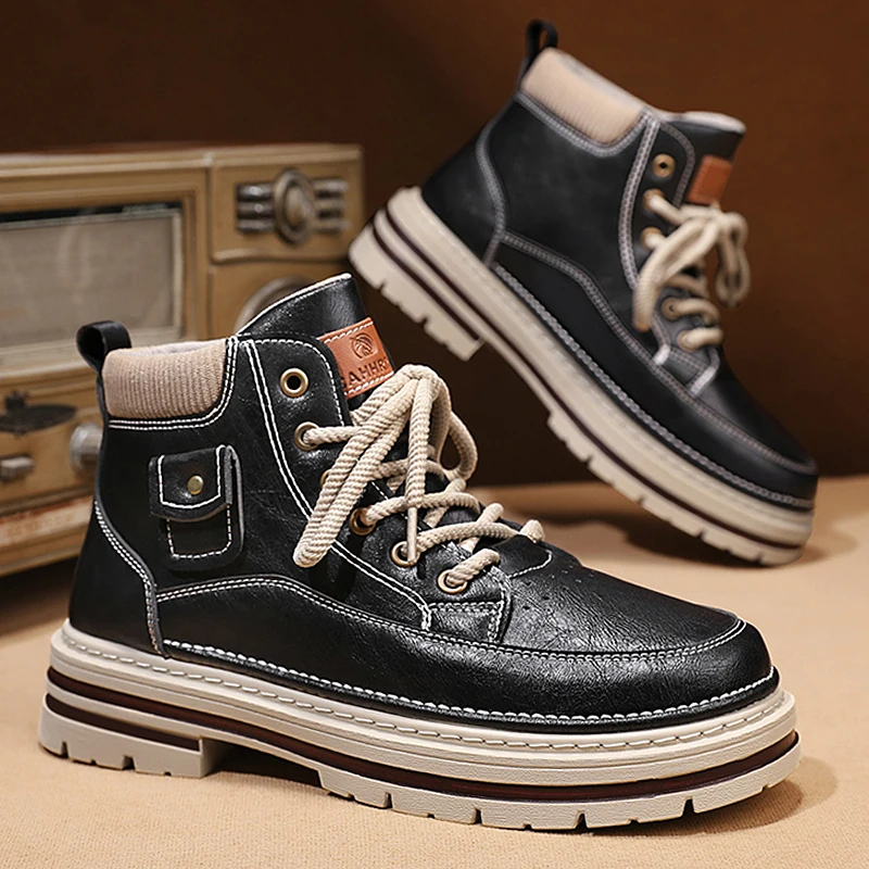 Mens Sports Shoes 2026 High Top Solid Colour Flat Footwear Fashion Running Sneakers Pu Leather Sports Ankle Boots Outdoor Rubber