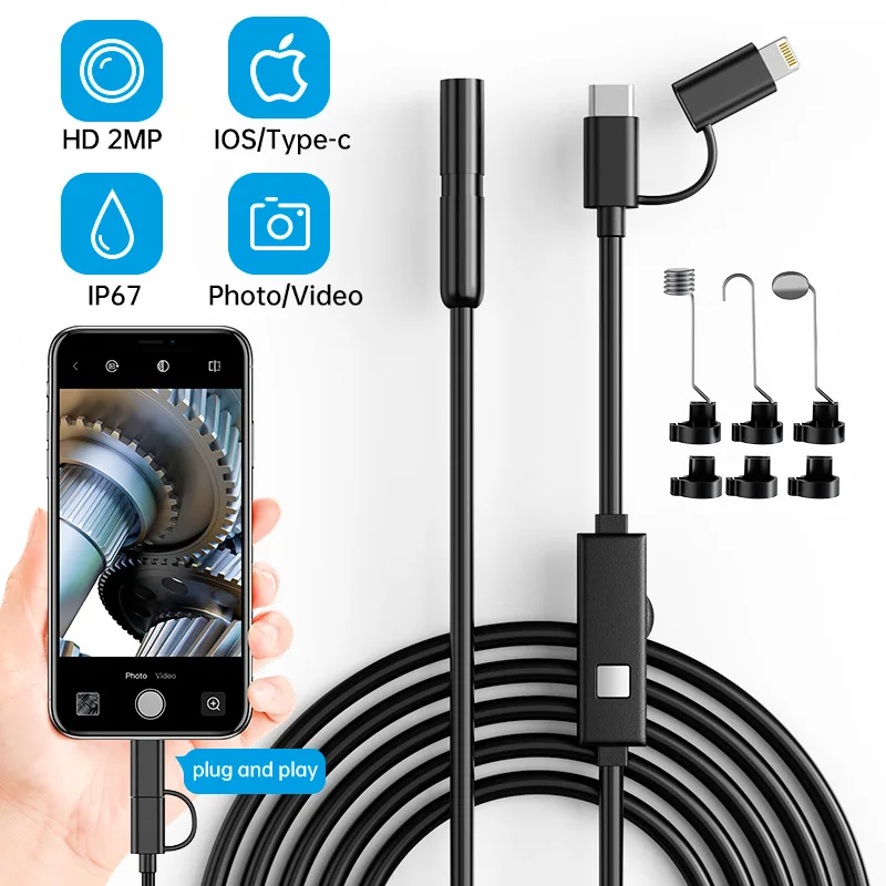 

Type C / IOS 2 in 1 Connector Endoscope Camera for Pipeline Inspection Automobile Maintenance 1080P Mini Camera Hard Cable 8mm
