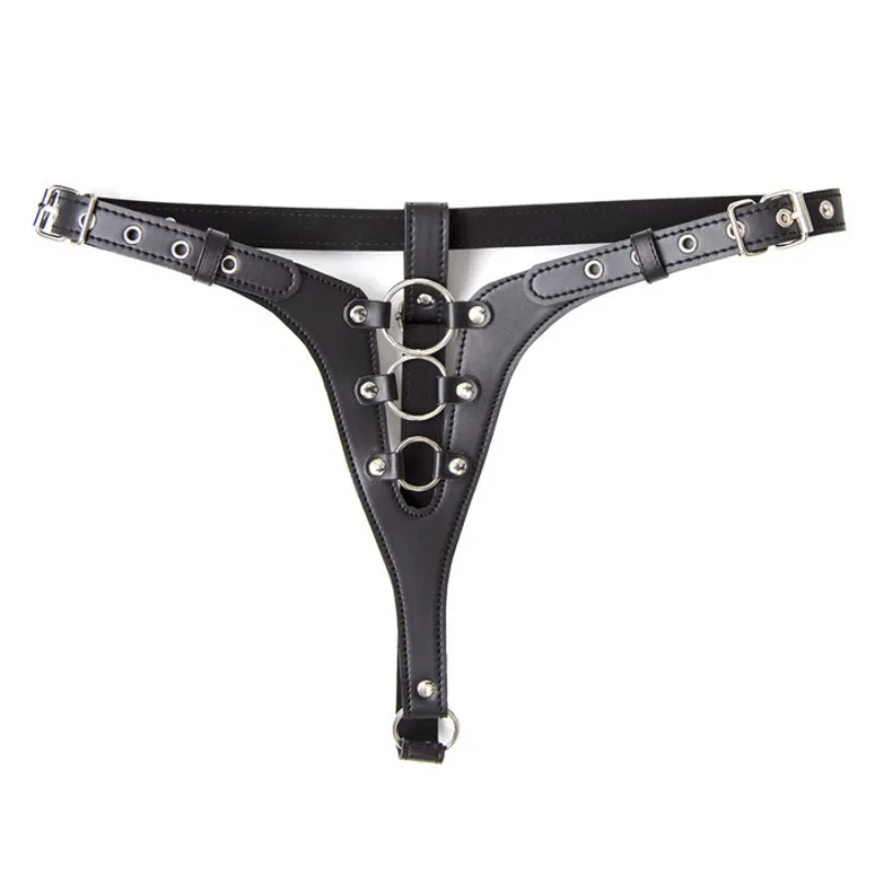 Sexy adult underwear with three adjustable leather PU chastity pants for couples to flirt with