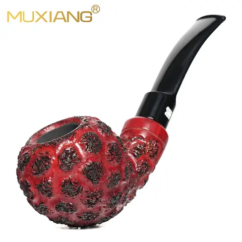 MUXIANG Red Carved Briar Wood Smoking Pipe Curved Saddle Stem 9mm Filter Retro Collectible Mens Smoking Gift