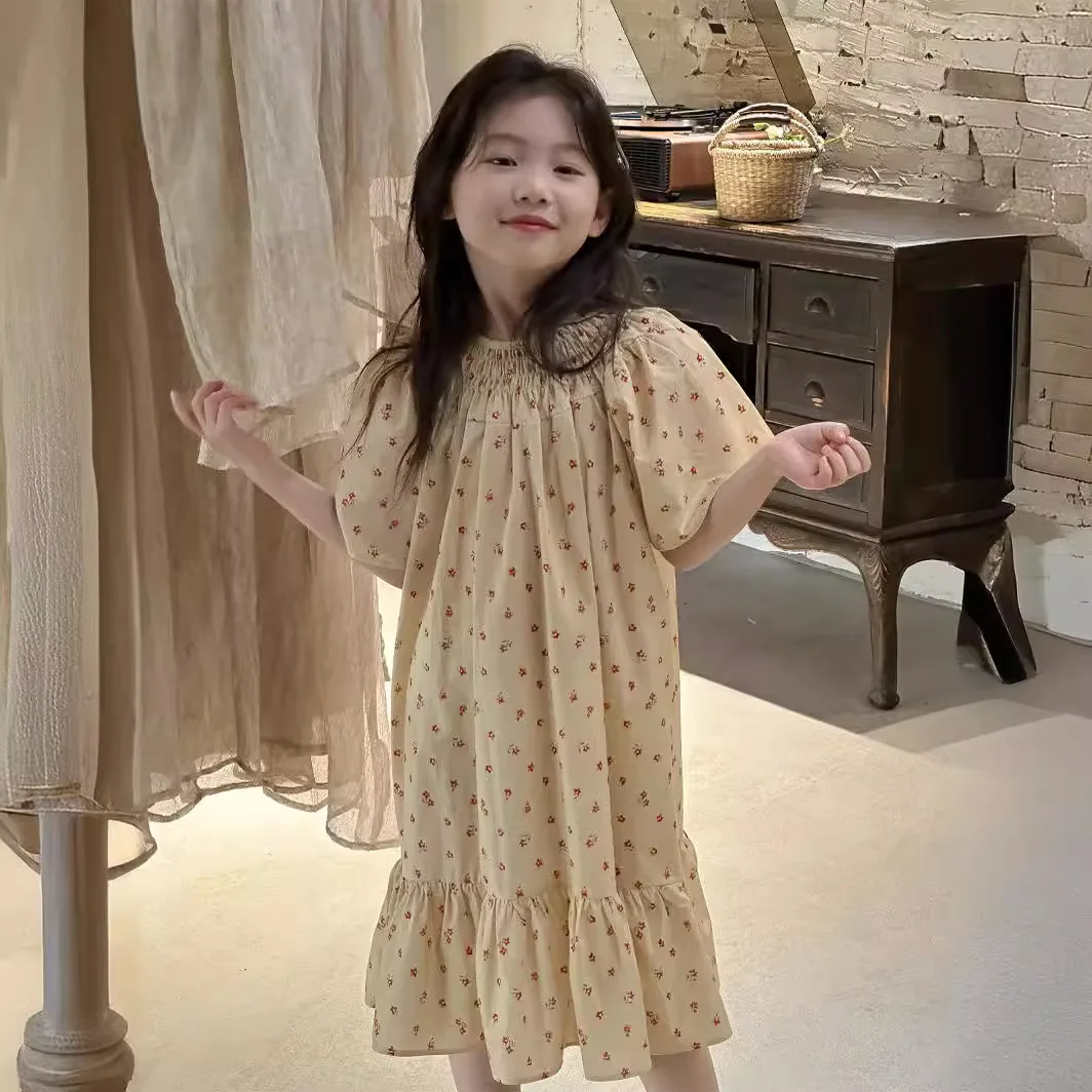 Children's Skirt Dropshipping 2024 Summer New Girls Flower Dress Children's Round Neck Short Sleeve Baby Princess Dress