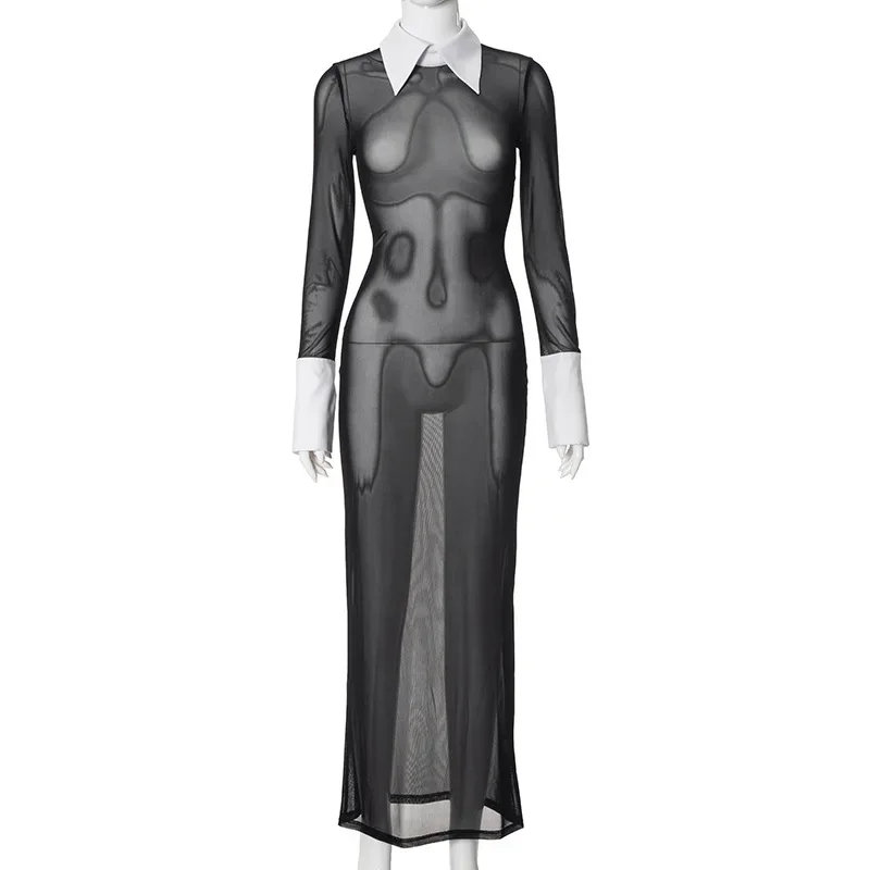 Shirt Patchwork Black See Through Mesh Bodycon Long Dress Women Elegant Turn Down Collar Full Sleeve Party Clubwear Maxi Dresses