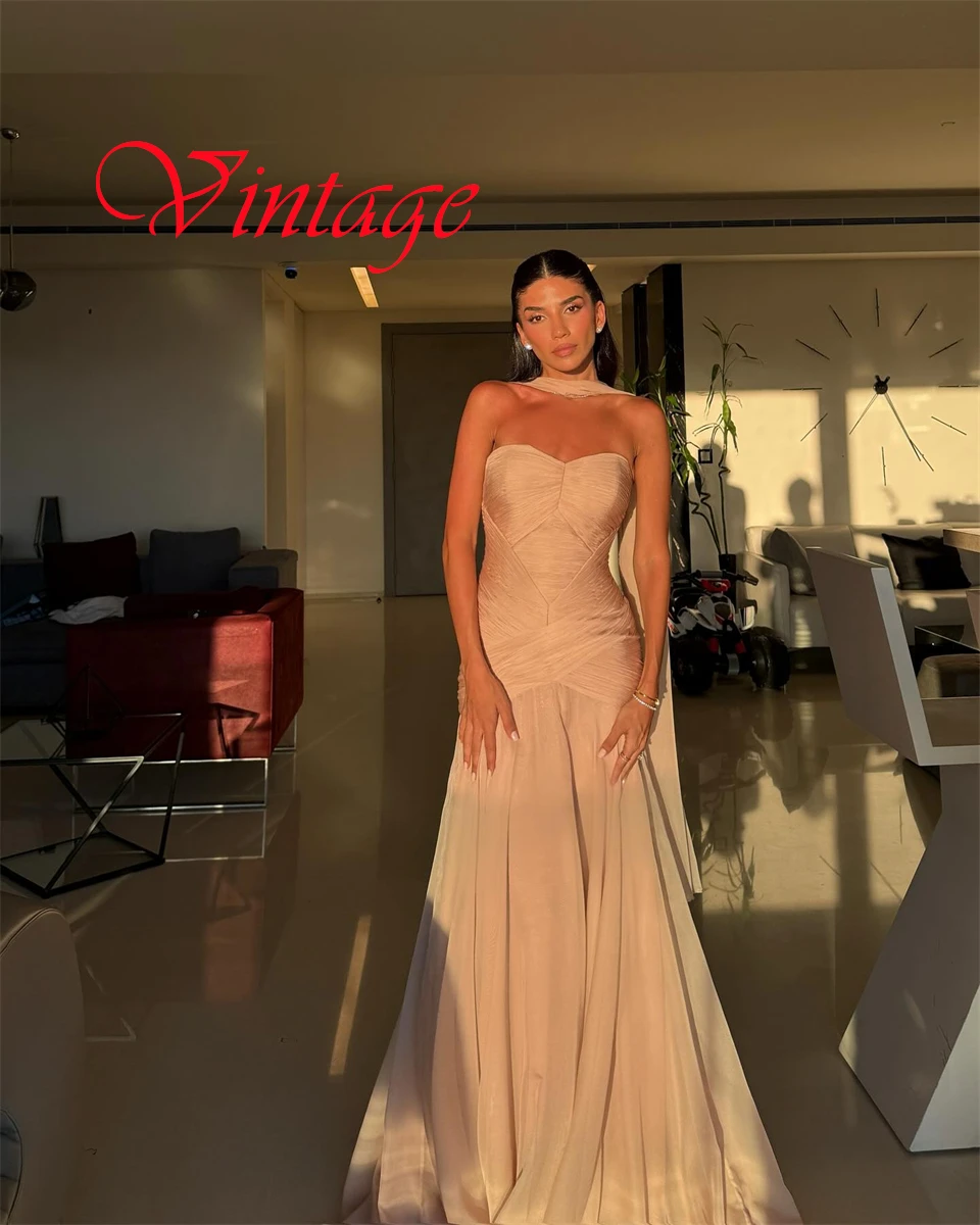 فستان سهرة كلاسيكي مخصص من الشيفون الشامبانيا عالي الجودة بدون حمالات بدون أكمام وسحاب خلفي حورية البحر فساتين مناسبة خاصة