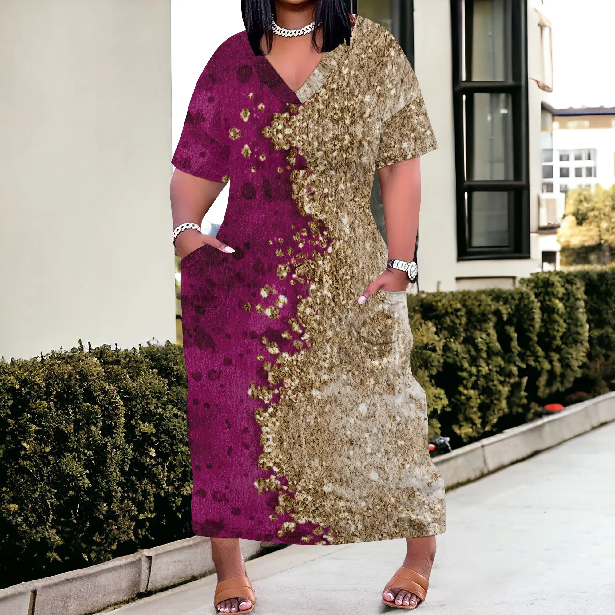

Women's Tie-Dye Polyester Plus Size Short Sleeve Dress Purple Festival Casual