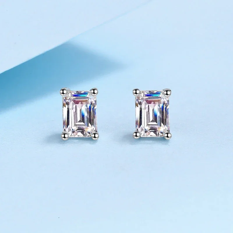 Tezzc 1ct 2ct Radiant Emerald Cut Moissanite Earrings for Women 925 Silver with Gold Plated Lab Diamond Sparkling Stud Earring