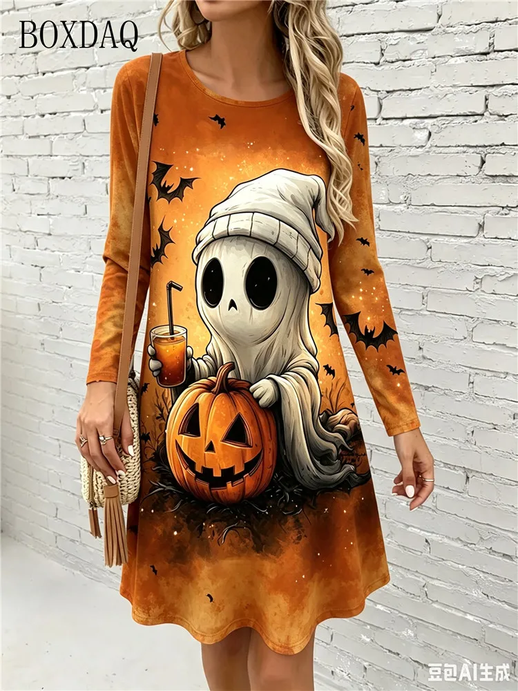 2026 Autumn Women's Loose Dresses Long Sleeve Round Neck Halloween Pumpkin Ghost Pattern Printed Casual Dress