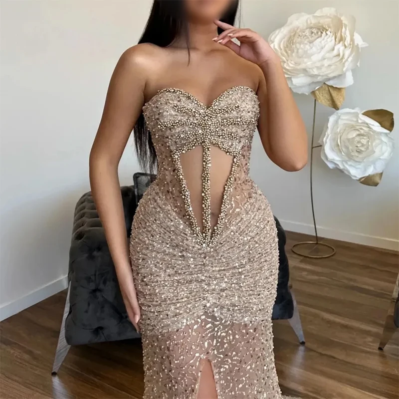 Champagne Colored Strapless Fishbone Waist Evening Dress Sexy Cut Out Charming Crystals Sequins Prom Customized