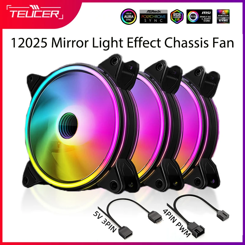 TEUCER SF-06 ARGB Computer Case Fan 5V 3PIN 120mm PC Case Cooler 12025 Chassis Fan Dual Aurora Circulate Mirror Light Effect