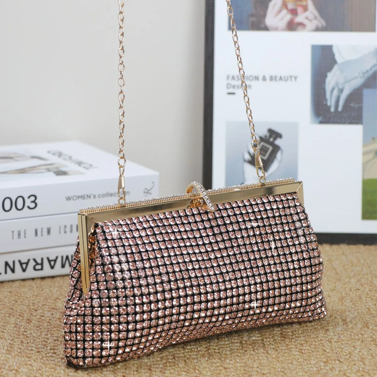 Handmade Evening Bag with Button Pure Water Diamond Embedded Clutch Bag for Dinner Party Polyester Material Handbag