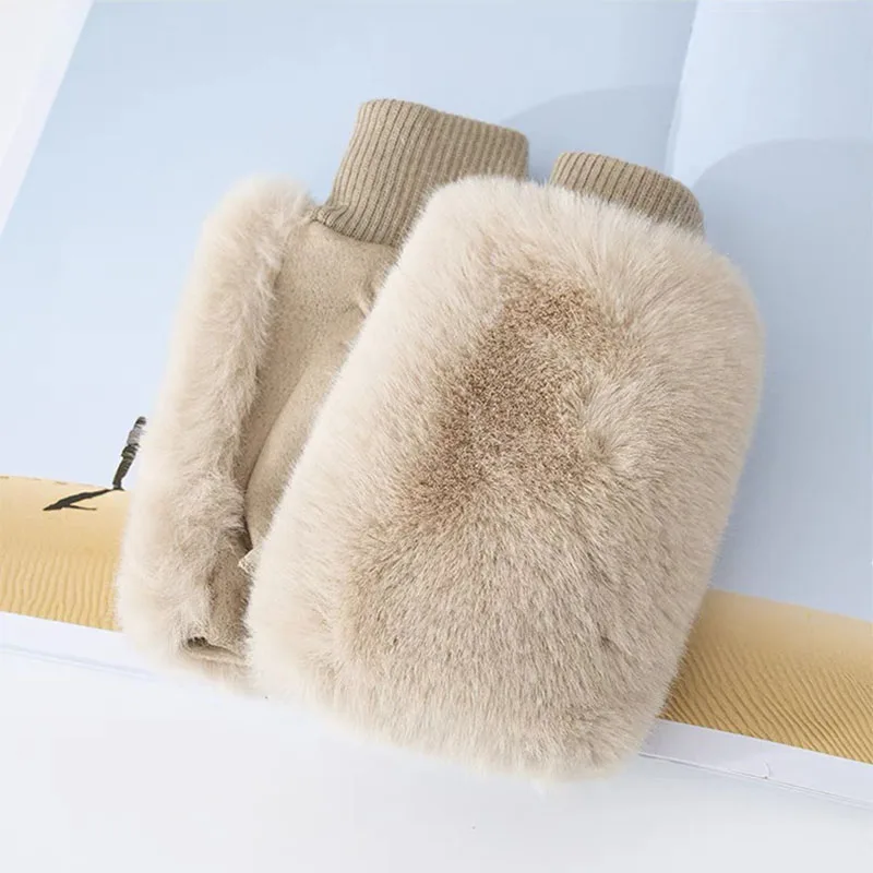 Cute Student Faux Rabbit Fur Suede Leather Half Finger Gloves For Sports Outdoor Driving Touch Screen Soft Women Winter Warm